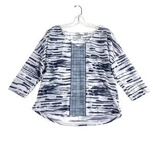prAna Aleah Top V Neck 3/4 Sleeve Lightweight Blue White Womens Large USA